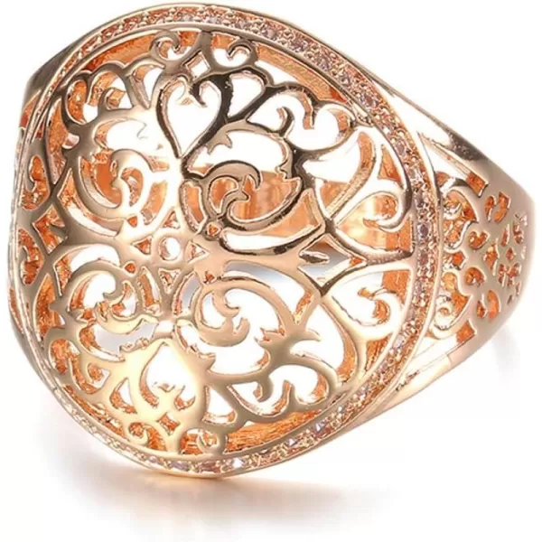 imageDtja CZ Filigree Flower Promise Engagement Ring for Women Rose Gold Plated Statement Chunky Wide Band Ring Comfort Fit Boho Retro Finger Hand Wedding Birthday Jewelry