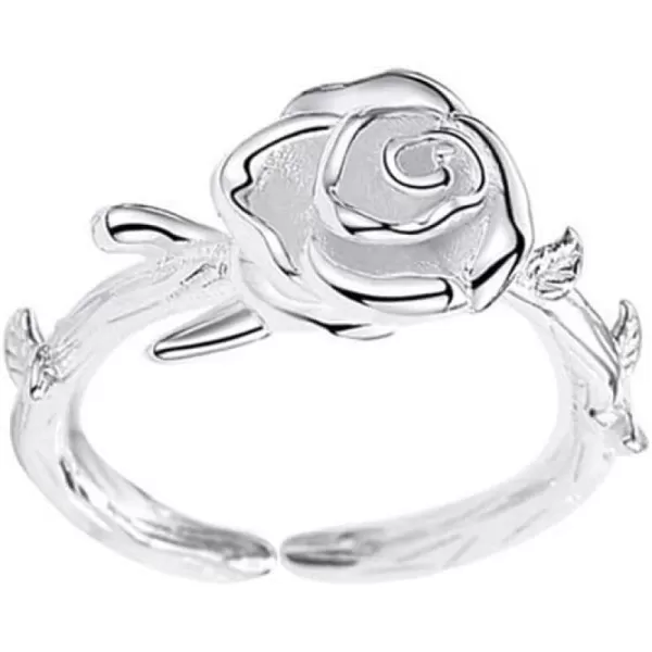 imageFlower 925 Sterling Silver Ring for Women 18K White Gold Plated Rose Leaf Adjustable Wedding Engagement Statement Open Wrap Finger Rings Comfort Fit Fashion 3D Floral Jewelry Birthday Anniversary
