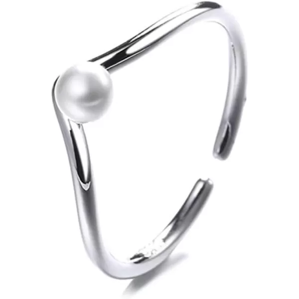 imageShell Pearl Chevron Engagement Ring for Women Silvery Dainty V Shaped Statement 4mm Imitation Pearl Ball Expandable Adjustable Open Wrap Finger Rings Comfort Fit Fashion Wedding Birthday Party Jewelry