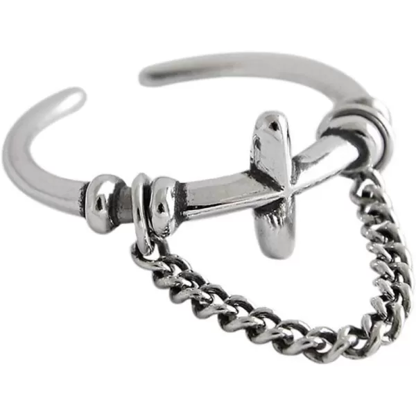 imageVintage Sideways Cross 925 Sterling Silver Ring for Women Men Oxidized Antique Chain Drop Expandable Open Rings Hand Made Boho Jewelry Easter Christmas Birthday BFF
