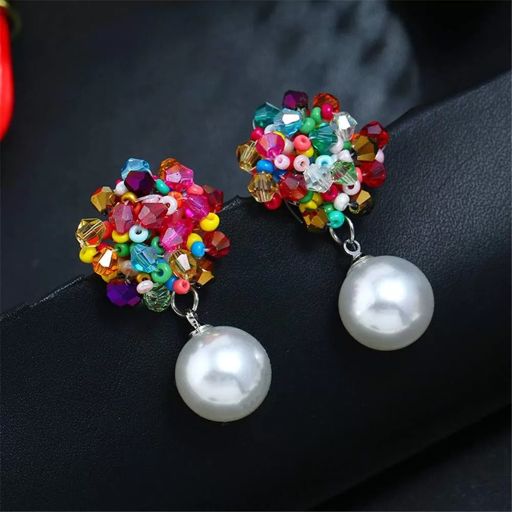 imageBoho Beaded Pearl Dangle Drop Earrings for Women Piercing Ear Bohemian Big Round Ball Bead Stud Post Handmade Cluster Fashion Earring Jewelry 5 Colors Rainbow