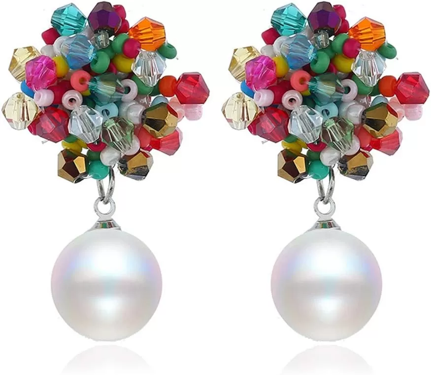 imageBoho Beaded Pearl Dangle Drop Earrings for Women Piercing Ear Bohemian Big Round Ball Bead Stud Post Handmade Cluster Fashion Earring Jewelry 5 Colors Rainbow