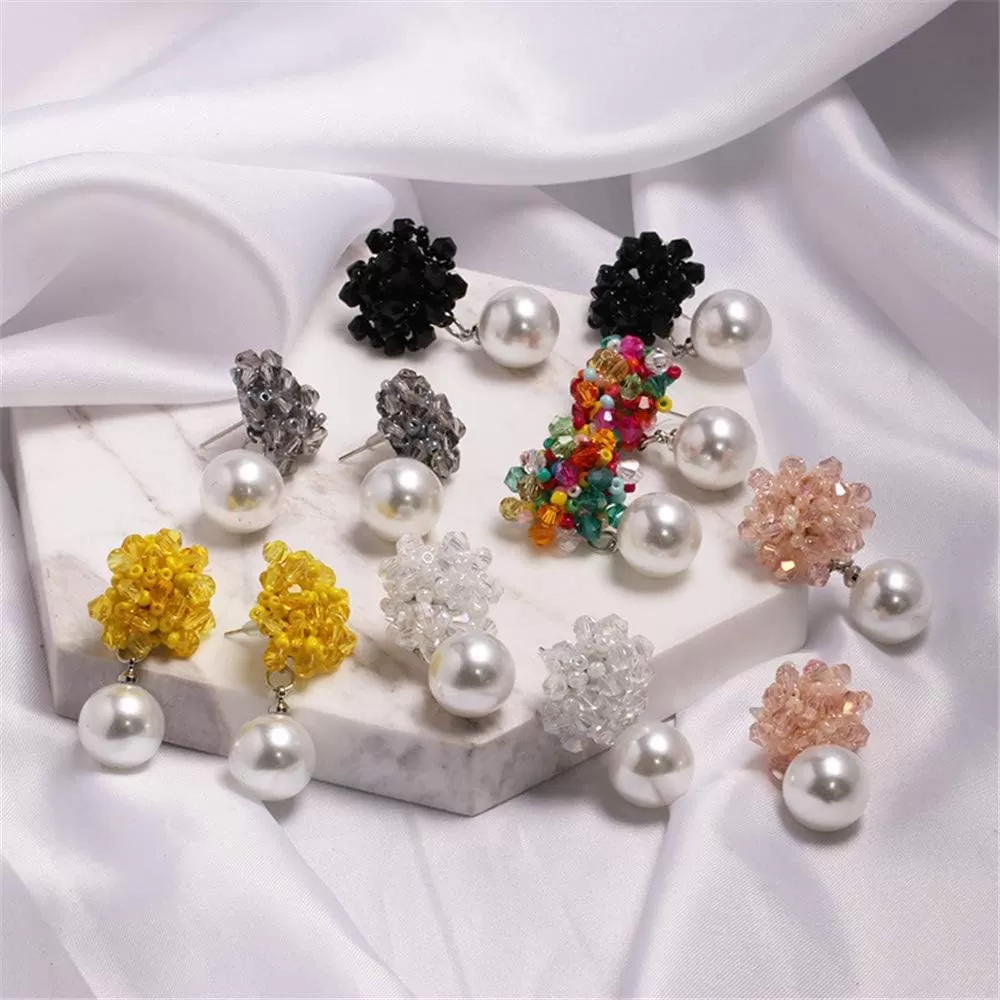 imageBoho Beaded Pearl Dangle Drop Earrings for Women Piercing Ear Bohemian Big Round Ball Bead Stud Post Handmade Cluster Fashion Earring Jewelry 5 Colors Rainbow