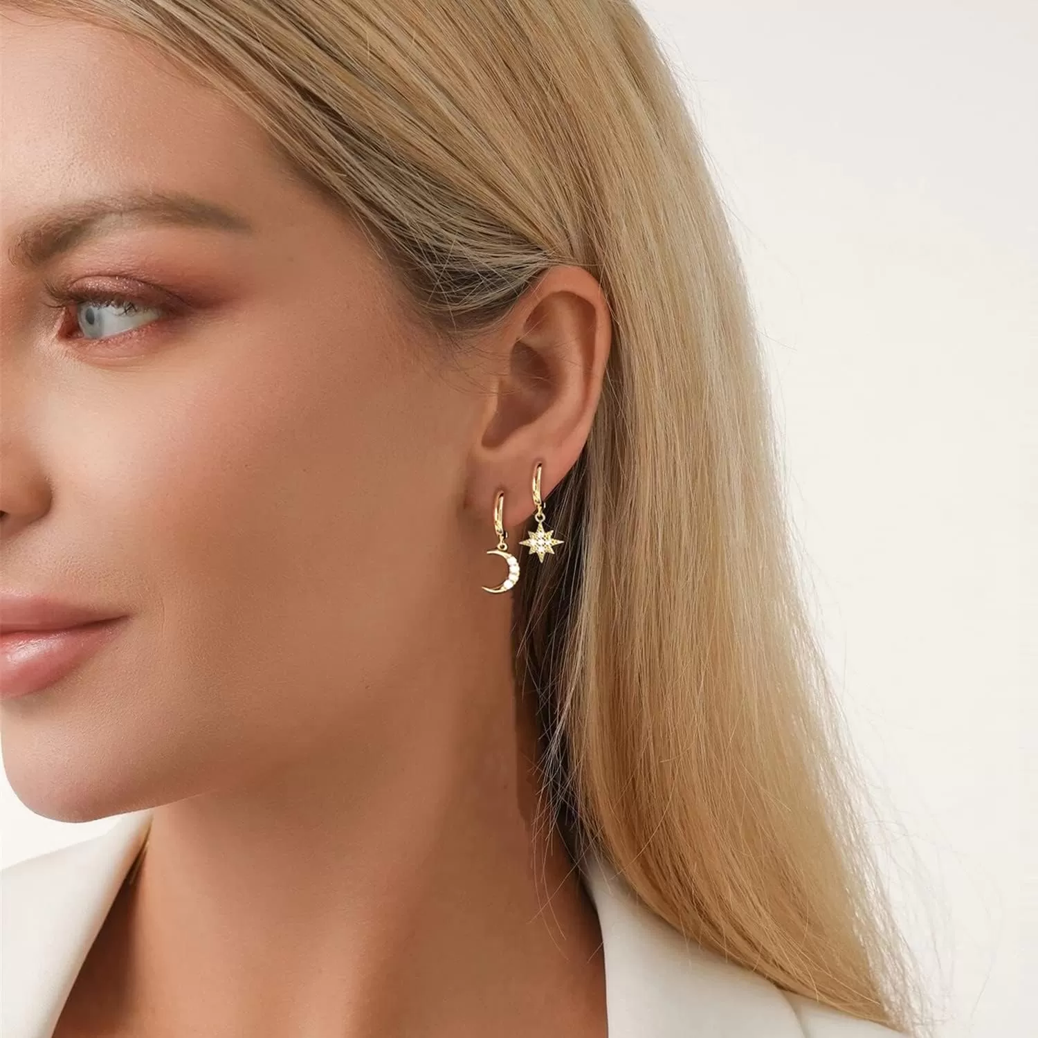imageCrystal Moon Star Dangle Hoop Earrings for Women S925 Sterling Silver with Charms Asymmetrical CZ Diamond Drop Cartilage Cute Jewelry Delicate Fashion Birthday Best Friend GoldTone