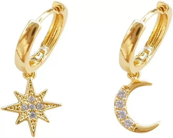 imageCrystal Moon Star Dangle Hoop Earrings for Women S925 Sterling Silver with Charms Asymmetrical CZ Diamond Drop Cartilage Cute Jewelry Delicate Fashion Birthday Best Friend GoldTone