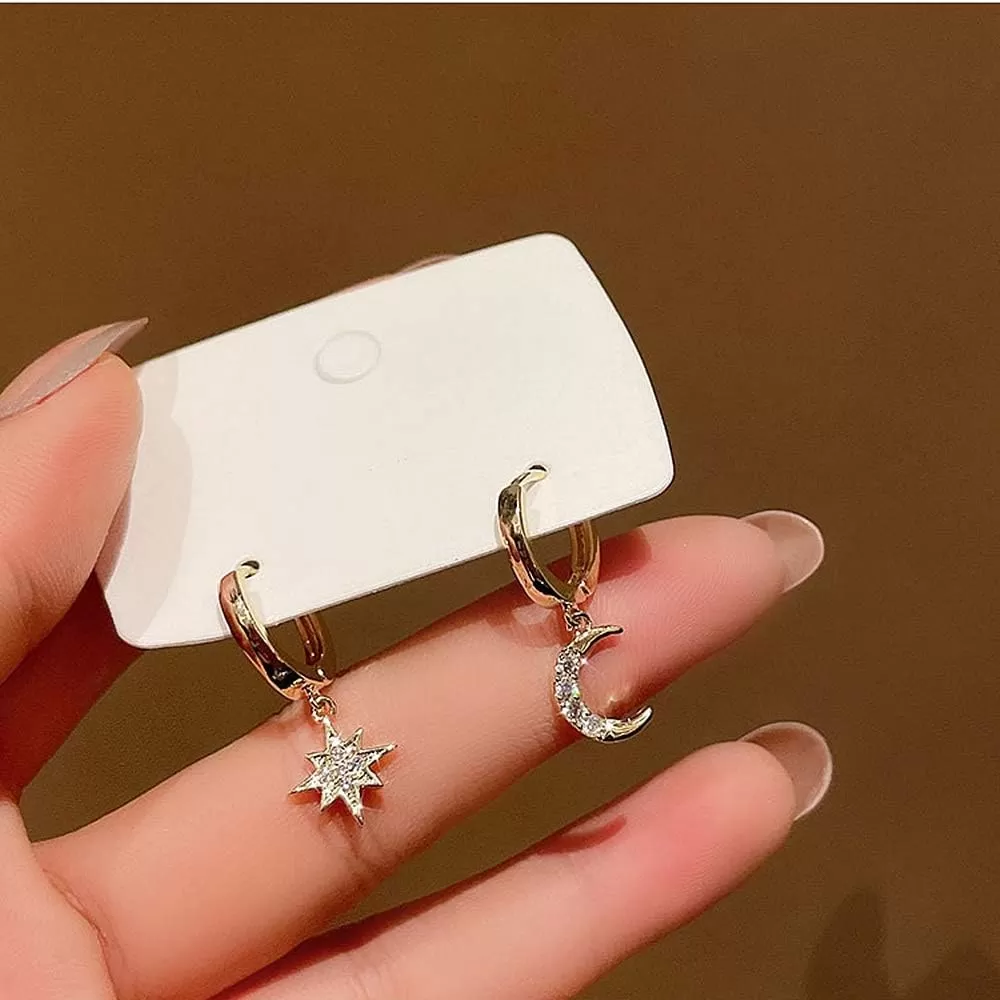 imageCrystal Moon Star Dangle Hoop Earrings for Women S925 Sterling Silver with Charms Asymmetrical CZ Diamond Drop Cartilage Cute Jewelry Delicate Fashion Birthday Best Friend GoldTone