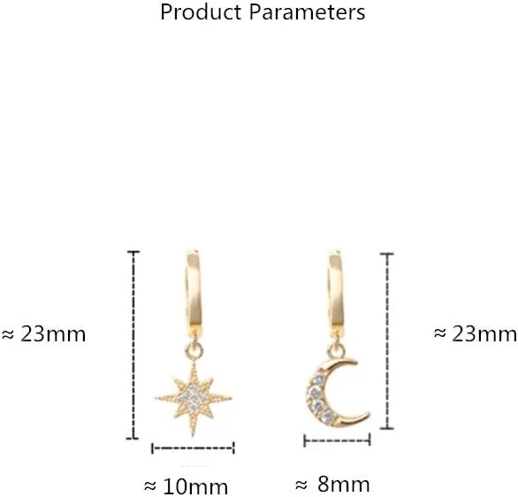 imageCrystal Moon Star Dangle Hoop Earrings for Women S925 Sterling Silver with Charms Asymmetrical CZ Diamond Drop Cartilage Cute Jewelry Delicate Fashion Birthday Best Friend GoldTone