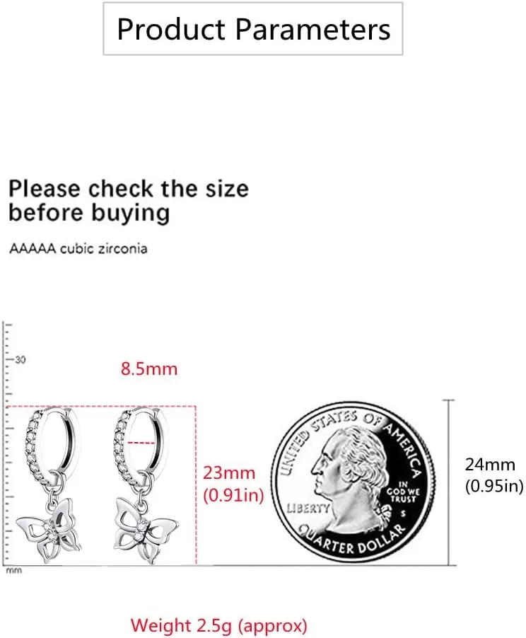 imageCute CZ Butterfly Dangle Hoop Earrings for Women S925 Sterling Silver with Charms Huggie Hoops Crystal Drop Cartilage Filigree Jewelry Delicate Fashion Dainty for Dauther