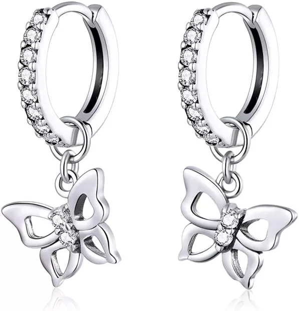 imageCute CZ Butterfly Dangle Hoop Earrings for Women S925 Sterling Silver with Charms Huggie Hoops Crystal Drop Cartilage Filigree Jewelry Delicate Fashion Dainty for Dauther