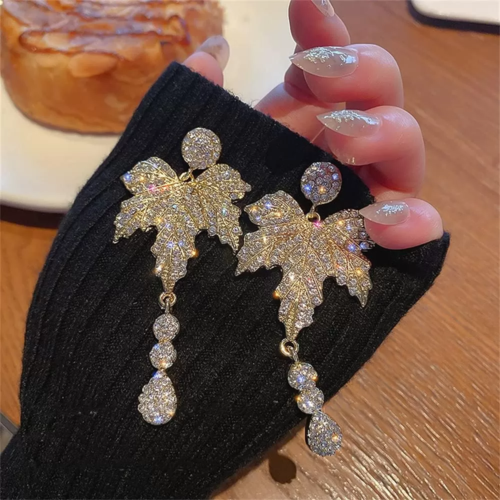 imageExaggerated Crystal Mapple Leaf Drop Dangle Earrings for Women S925 Sterling Silver Post Stud Gold Plated Cubic Zirconia Teardrop Chandelier Dangling Luxury Wedding Party Jewelry