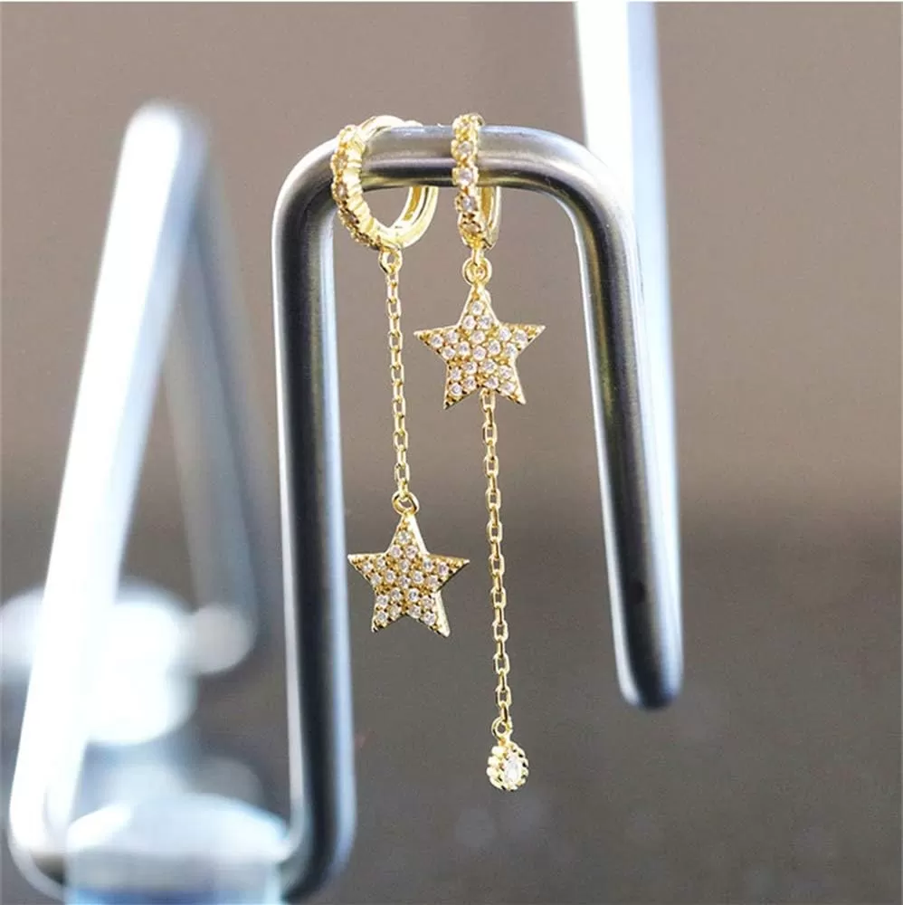 imageHuggie Crystal Star Chain Dangle Hoop Earrings for Women S925 Sterling Silver with Charms Asymmetrical Pave CZ Tassel Drop Cartilage Clip Dainty Jewelry Christmas Gifts for Mom Sis Gold Plated