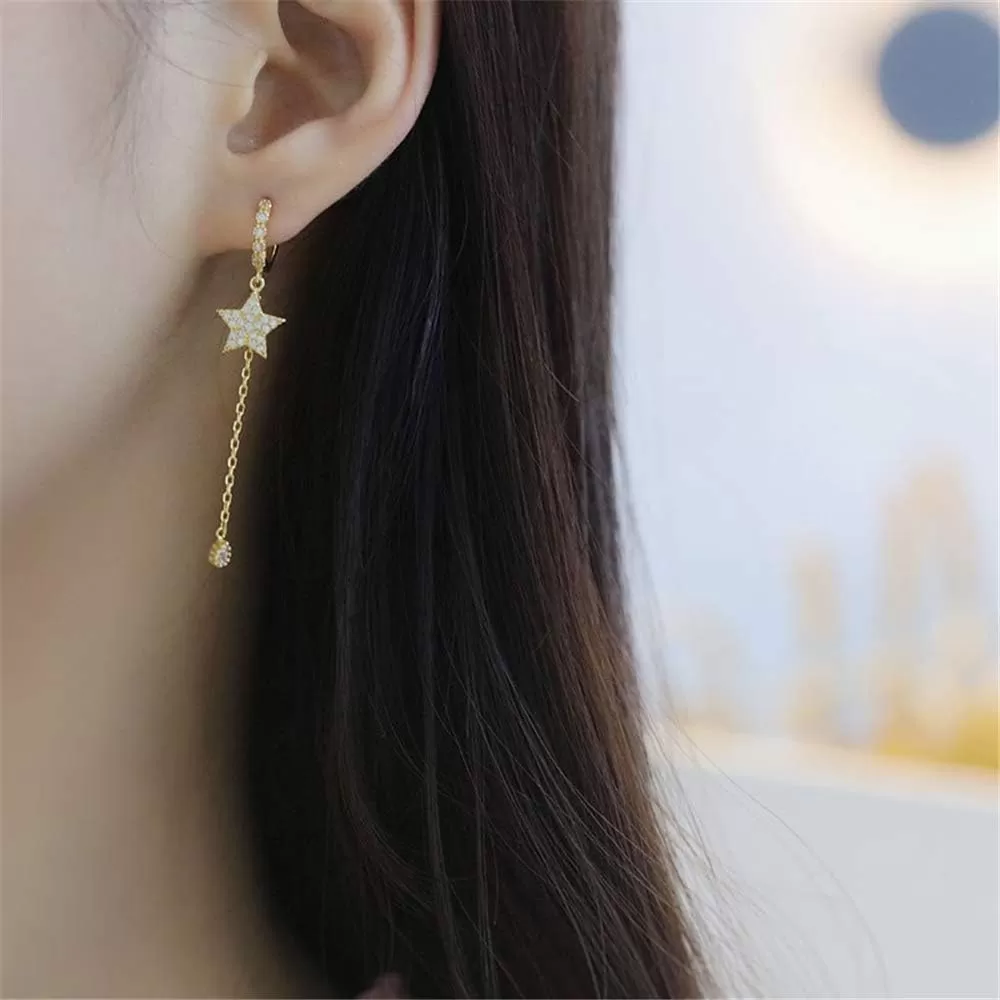 imageHuggie Crystal Star Chain Dangle Hoop Earrings for Women S925 Sterling Silver with Charms Asymmetrical Pave CZ Tassel Drop Cartilage Clip Dainty Jewelry Christmas Gifts for Mom Sis Gold Plated