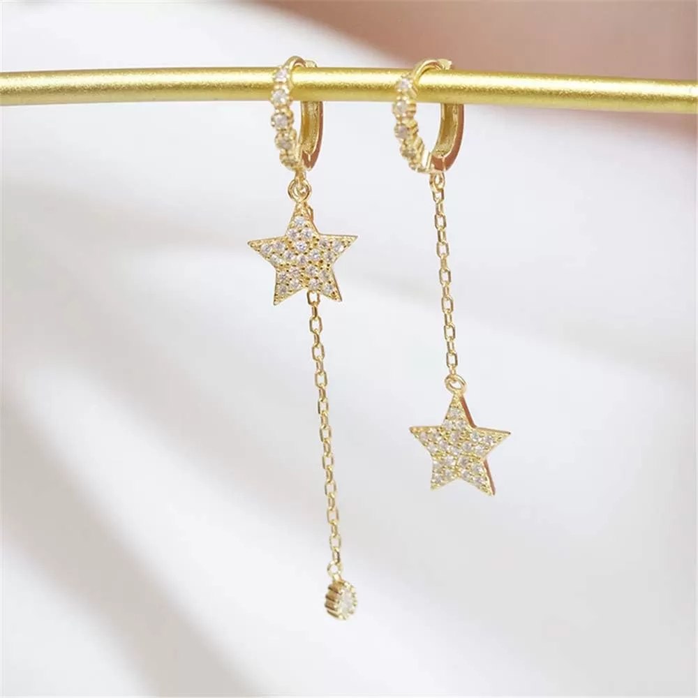 imageHuggie Crystal Star Chain Dangle Hoop Earrings for Women S925 Sterling Silver with Charms Asymmetrical Pave CZ Tassel Drop Cartilage Clip Dainty Jewelry Christmas Gifts for Mom Sis Gold Plated