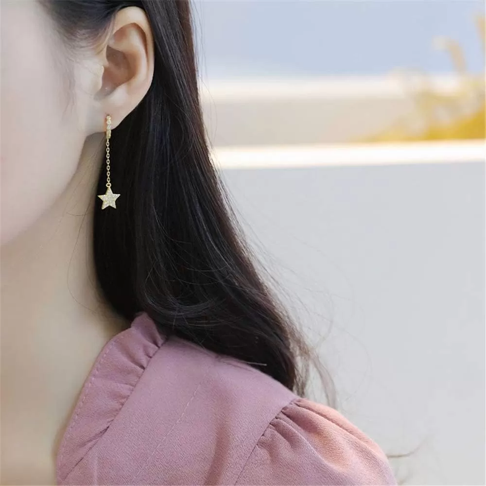 imageHuggie Crystal Star Chain Dangle Hoop Earrings for Women S925 Sterling Silver with Charms Asymmetrical Pave CZ Tassel Drop Cartilage Clip Dainty Jewelry Christmas Gifts for Mom Sis Gold Plated