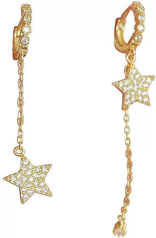 imageHuggie Crystal Star Chain Dangle Hoop Earrings for Women S925 Sterling Silver with Charms Asymmetrical Pave CZ Tassel Drop Cartilage Clip Dainty Jewelry Christmas Gifts for Mom Sis Gold Plated