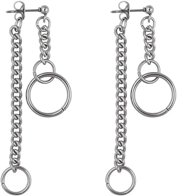 imageInterlocking Chain Drop Dangle Earrings Surgical Stainless Steel Hugie Hoops Tassel Dropping Dangly for Women Men Punk Ball Studs Hypoallergenic Fashion Unique Jewelry