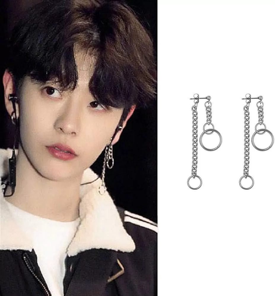 imageInterlocking Chain Drop Dangle Earrings Surgical Stainless Steel Hugie Hoops Tassel Dropping Dangly for Women Men Punk Ball Studs Hypoallergenic Fashion Unique Jewelry