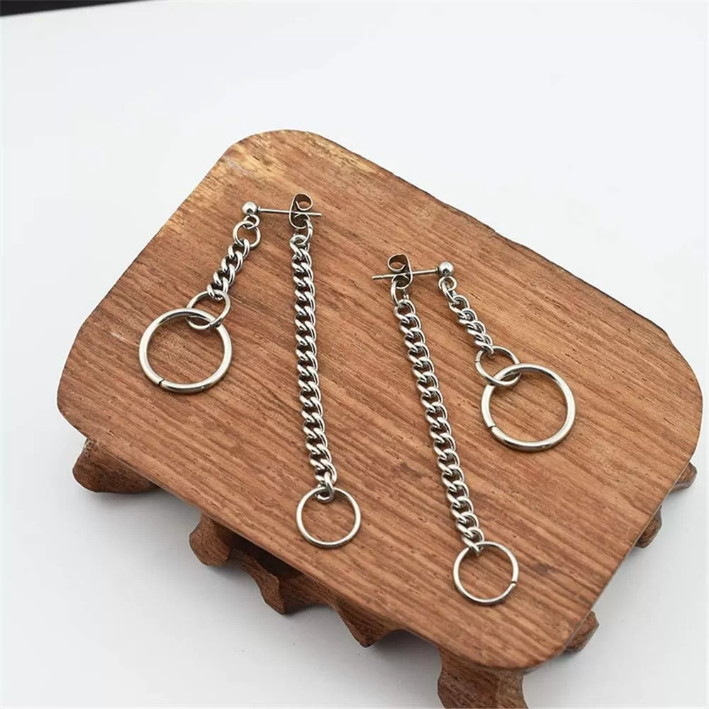 imageInterlocking Chain Drop Dangle Earrings Surgical Stainless Steel Hugie Hoops Tassel Dropping Dangly for Women Men Punk Ball Studs Hypoallergenic Fashion Unique Jewelry