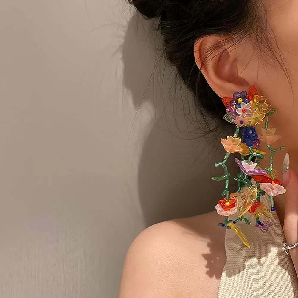 imageLong Dangle Acrylic Flowers Earrings for Women Girls 925 Sterling Silver Post Colorful Resin Tassel Flower Petal Leaf Cluster Exaggerated Statement Drop Stud Retro Party Prom Y2K Gargen Jewelry Gifts