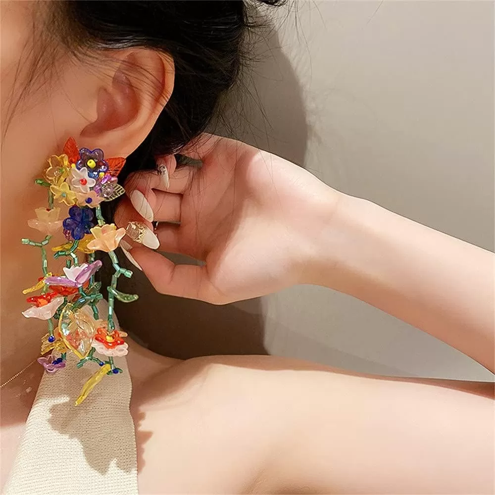 imageLong Dangle Acrylic Flowers Earrings for Women Girls 925 Sterling Silver Post Colorful Resin Tassel Flower Petal Leaf Cluster Exaggerated Statement Drop Stud Retro Party Prom Y2K Gargen Jewelry Gifts