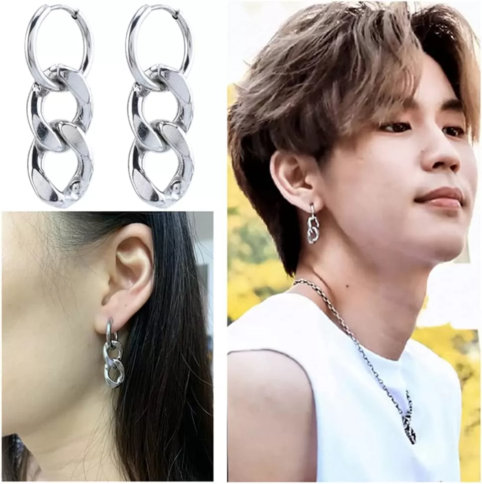 imagePunk Big Chain Drop Dangle Small Hoop Earrings for Women Men Stainless Steel Charms Thick Tassel Dropping Huggie Hoops Cartilage Hypoallergenic Fashion Personalized Y2K Jewelry