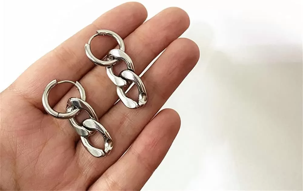 imagePunk Big Chain Drop Dangle Small Hoop Earrings for Women Men Stainless Steel Charms Thick Tassel Dropping Huggie Hoops Cartilage Hypoallergenic Fashion Personalized Y2K Jewelry