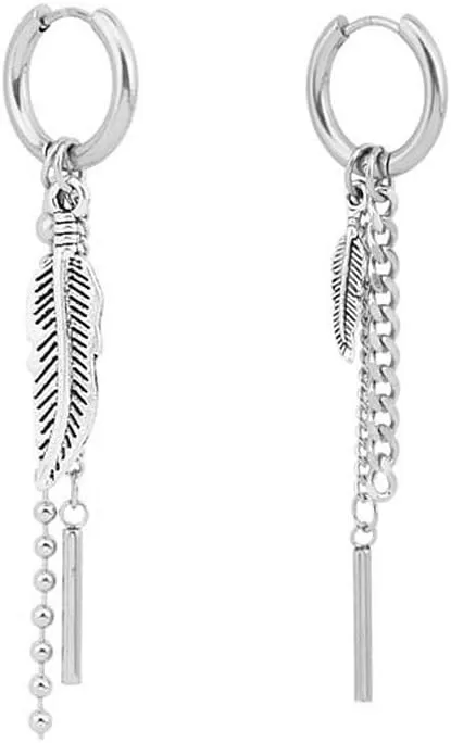 imagePunk Feather Chain Drop Dangle Hoop Stainless Steel Earrings for Women Men Stainless Steel Asymetrical Vintage Leaf Ball Bead Tassel Bar Dangly Personalized Huggie Kpop Earring for BTS Fans