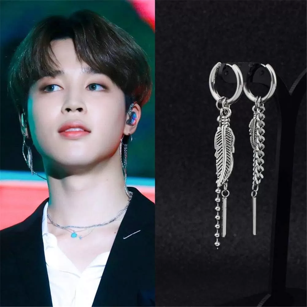 imagePunk Feather Chain Drop Dangle Hoop Stainless Steel Earrings for Women Men Stainless Steel Asymetrical Vintage Leaf Ball Bead Tassel Bar Dangly Personalized Huggie Kpop Earring for BTS Fans