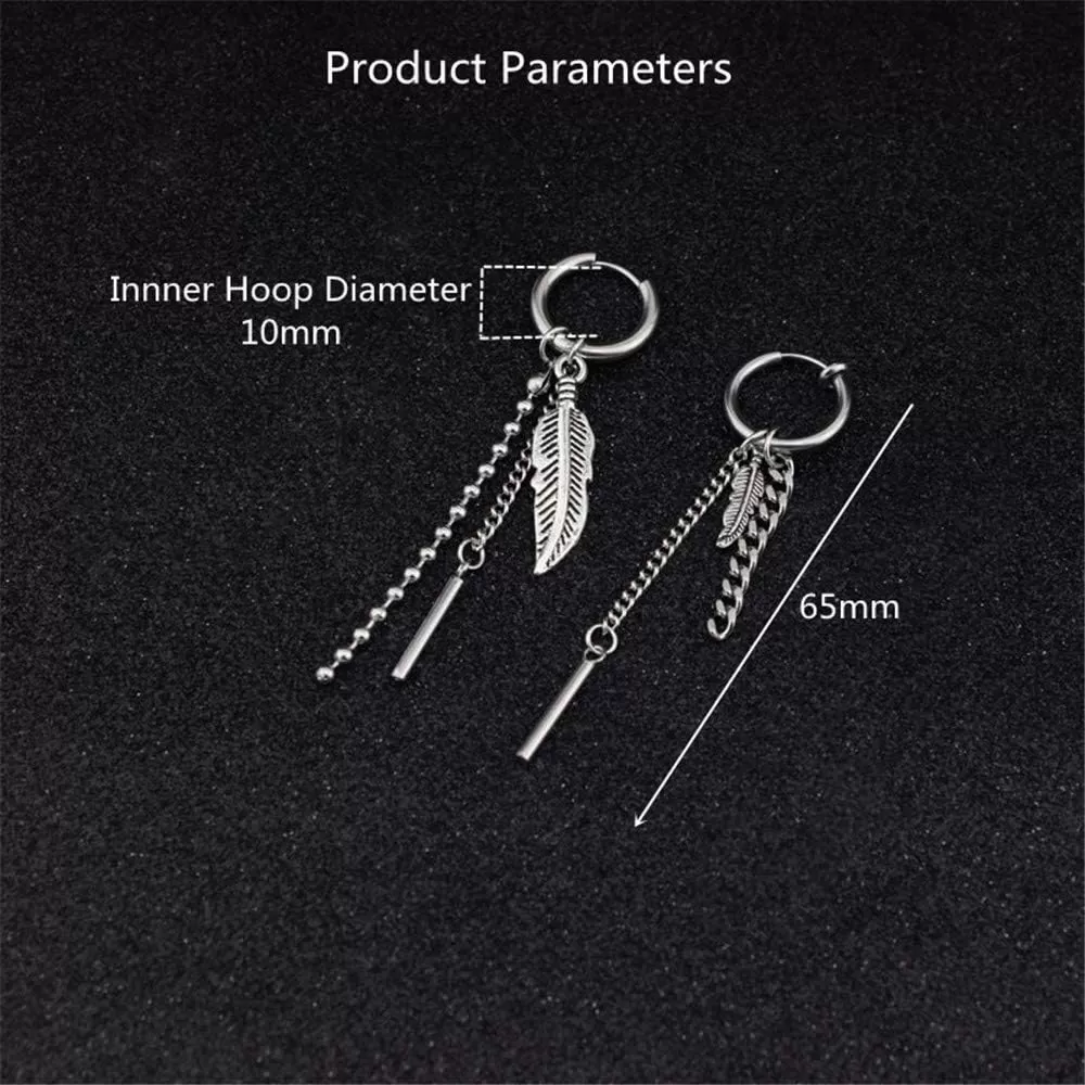 imagePunk Feather Chain Drop Dangle Hoop Stainless Steel Earrings for Women Men Stainless Steel Asymetrical Vintage Leaf Ball Bead Tassel Bar Dangly Personalized Huggie Kpop Earring for BTS Fans
