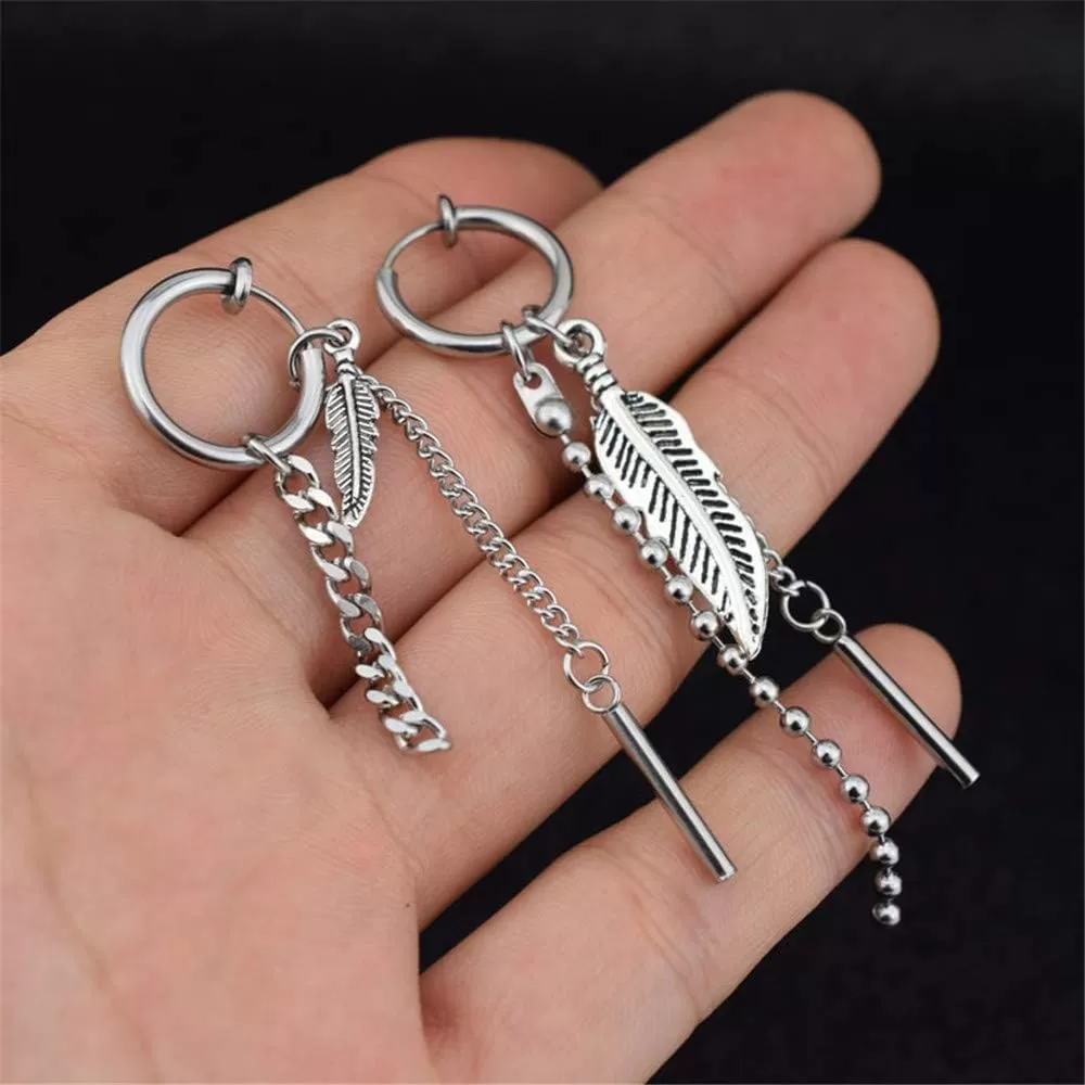 imagePunk Feather Chain Drop Dangle Hoop Stainless Steel Earrings for Women Men Stainless Steel Asymetrical Vintage Leaf Ball Bead Tassel Bar Dangly Personalized Huggie Kpop Earring for BTS Fans