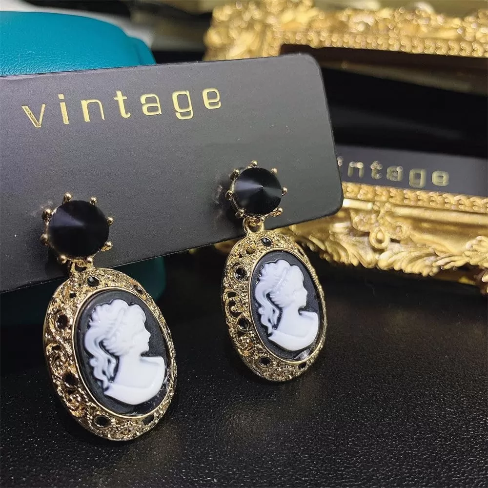 imageRetro Cameo Dangle Earrings for Women Girls Black CZ Acrylic Baroque Statement Drop Dangling Stud Earring Lightweight Vintage Boho Halloween Jewelry Gifts for Friends