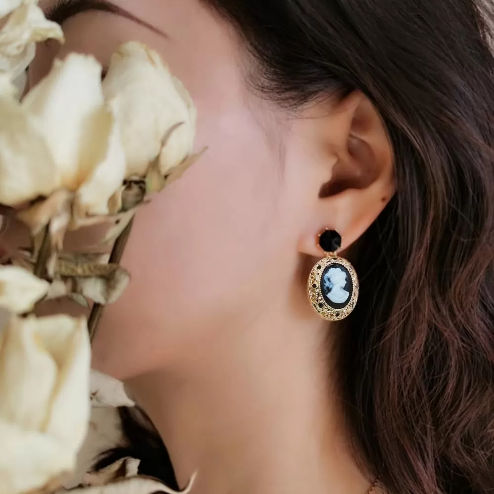 imageRetro Cameo Dangle Earrings for Women Girls Black CZ Acrylic Baroque Statement Drop Dangling Stud Earring Lightweight Vintage Boho Halloween Jewelry Gifts for Friends