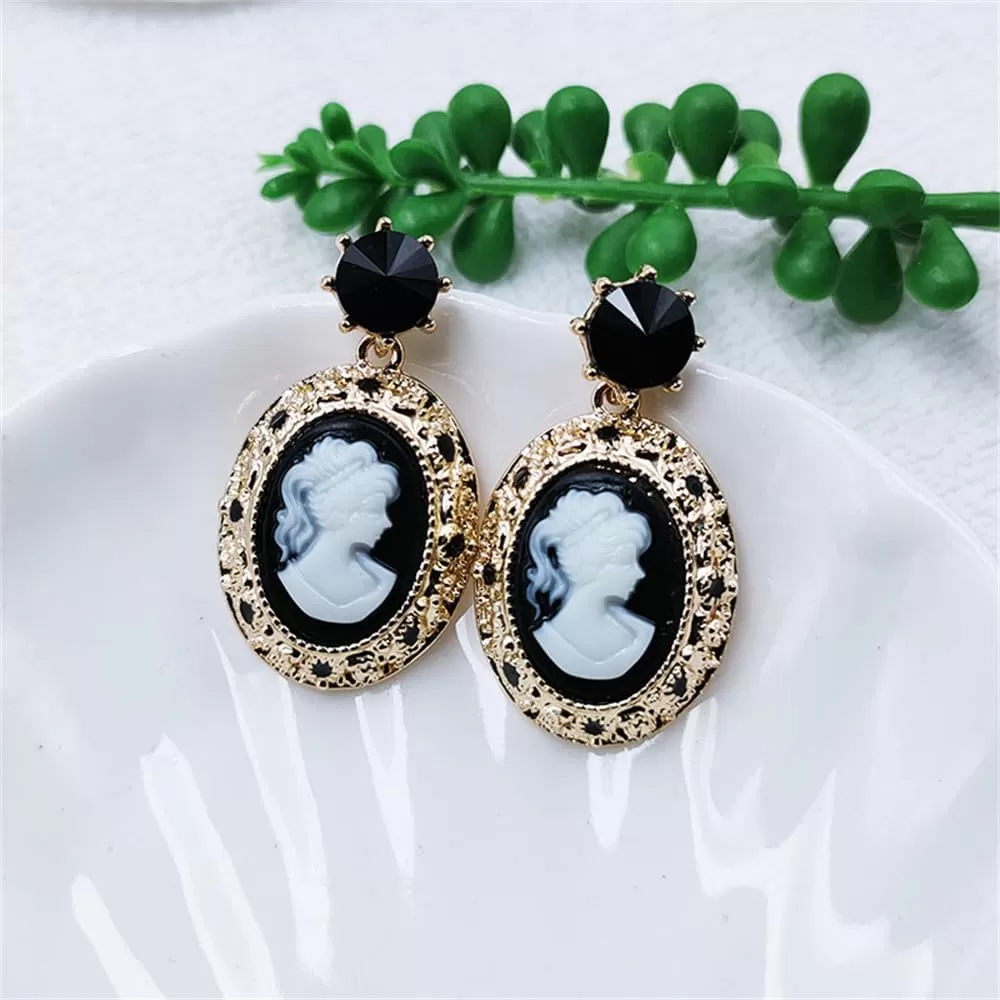 imageRetro Cameo Dangle Earrings for Women Girls Black CZ Acrylic Baroque Statement Drop Dangling Stud Earring Lightweight Vintage Boho Halloween Jewelry Gifts for Friends