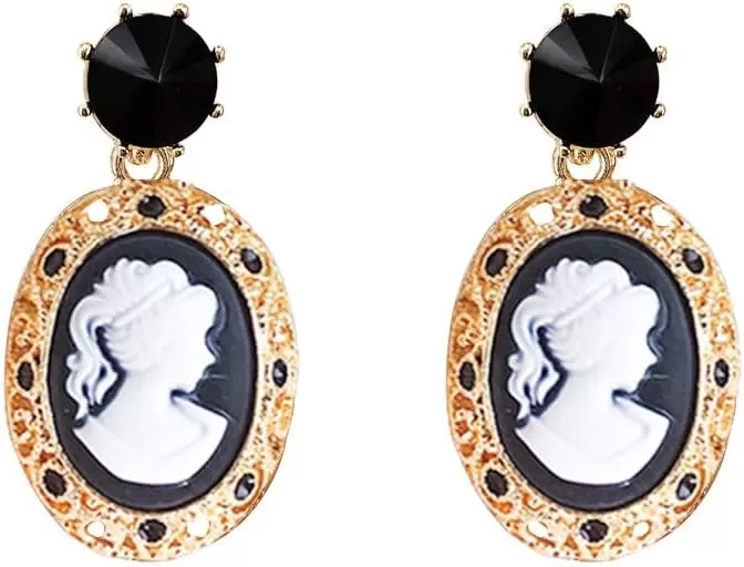 imageRetro Cameo Dangle Earrings for Women Girls Black CZ Acrylic Baroque Statement Drop Dangling Stud Earring Lightweight Vintage Boho Halloween Jewelry Gifts for Friends
