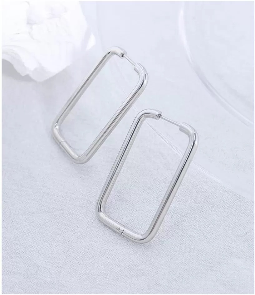 imageSilvery Big Rectangle Hoop Earrings for Women Stainless Steel for Sensitive Ears Large Geometric Huggie Hoops Dangle Drop Fashion Minimalist Jewelry 40mm