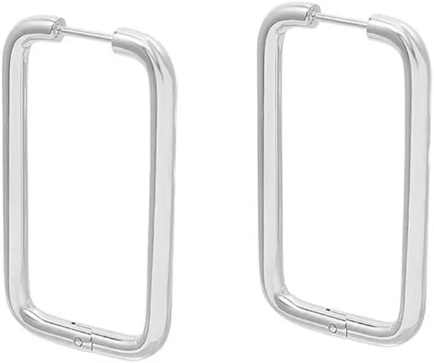 imageSilvery Big Rectangle Hoop Earrings for Women Stainless Steel for Sensitive Ears Large Geometric Huggie Hoops Dangle Drop Fashion Minimalist Jewelry 40mm