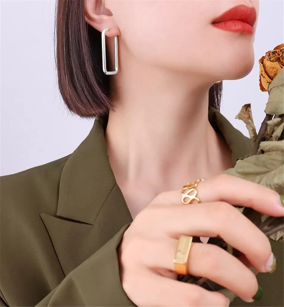imageSilvery Big Rectangle Hoop Earrings for Women Stainless Steel for Sensitive Ears Large Geometric Huggie Hoops Dangle Drop Fashion Minimalist Jewelry 40mm
