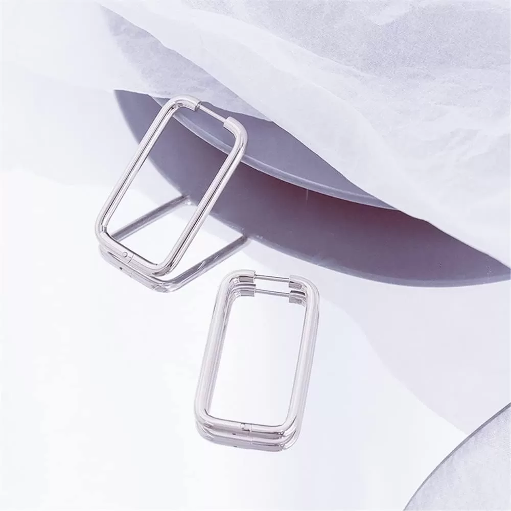 imageSilvery Big Rectangle Hoop Earrings for Women Stainless Steel for Sensitive Ears Large Geometric Huggie Hoops Dangle Drop Fashion Minimalist Jewelry 40mm