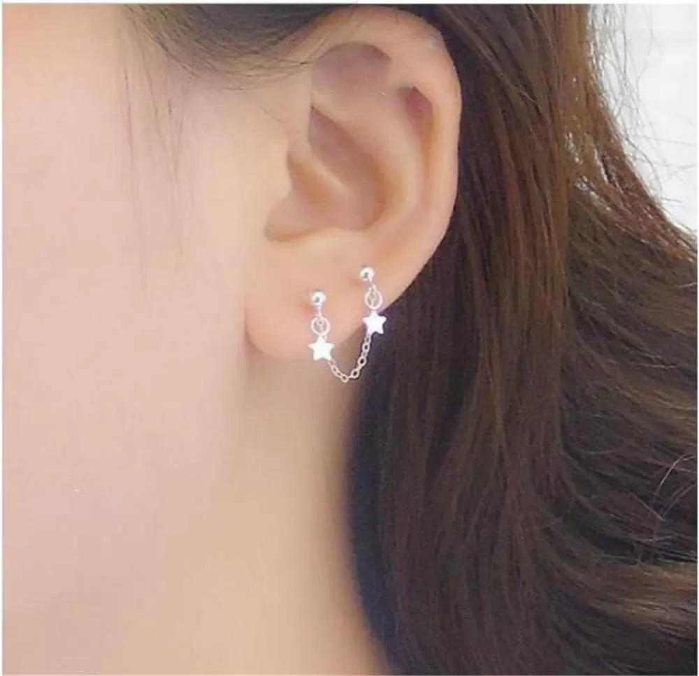 imageStar Double Piercing Tassel Chain Drop Dangle Cartilage Ball Bead Stud Earrings for Women 925 Sterling Silver Double Stars 2 Hole Helix Tragus Post Pin Fashion Cute Birthday Christmas Easter Jewelry Gifts