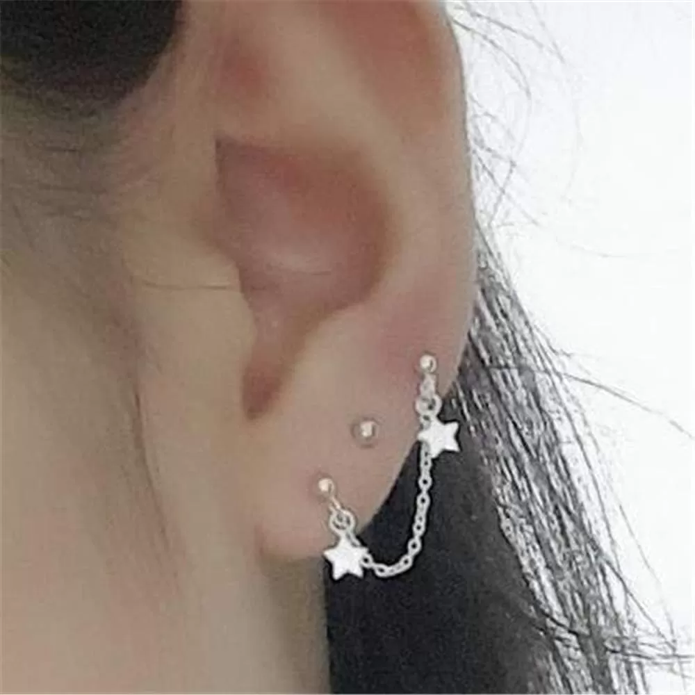 imageStar Double Piercing Tassel Chain Drop Dangle Cartilage Ball Bead Stud Earrings for Women 925 Sterling Silver Double Stars 2 Hole Helix Tragus Post Pin Fashion Cute Birthday Christmas Easter Jewelry Gifts