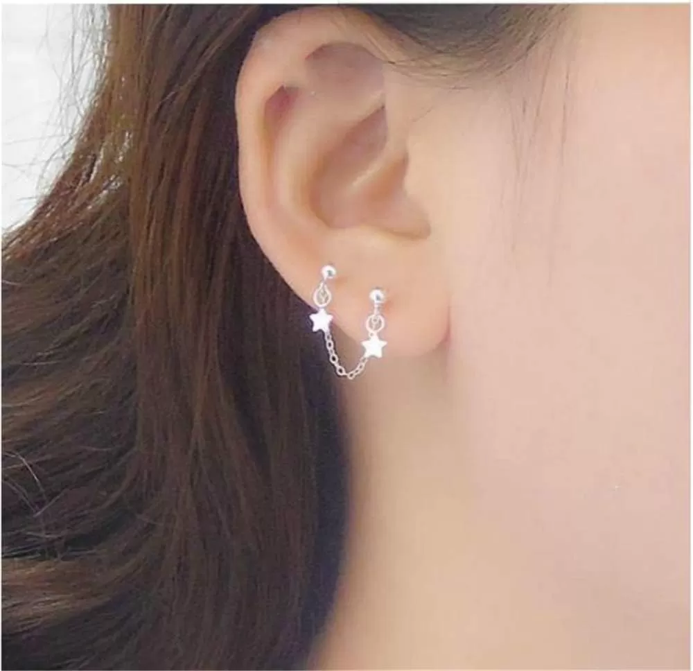 imageStar Double Piercing Tassel Chain Drop Dangle Cartilage Ball Bead Stud Earrings for Women 925 Sterling Silver Double Stars 2 Hole Helix Tragus Post Pin Fashion Cute Birthday Christmas Easter Jewelry Gifts