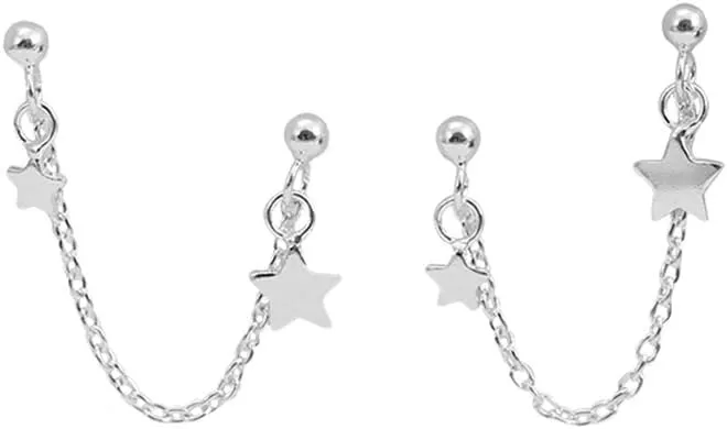 imageStar Double Piercing Tassel Chain Drop Dangle Cartilage Ball Bead Stud Earrings for Women 925 Sterling Silver Double Stars 2 Hole Helix Tragus Post Pin Fashion Cute Birthday Christmas Easter Jewelry Gifts