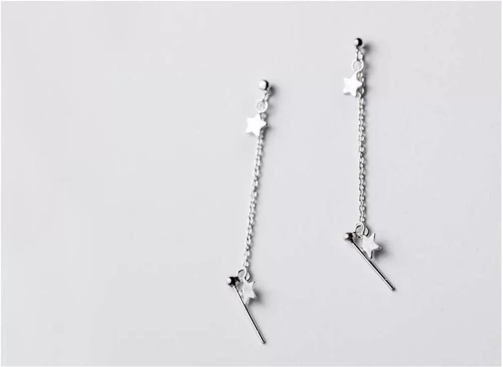 imageStar Double Piercing Tassel Chain Drop Dangle Cartilage Ball Bead Stud Earrings for Women 925 Sterling Silver Double Stars 2 Hole Helix Tragus Post Pin Fashion Cute Birthday Christmas Easter Jewelry Gifts