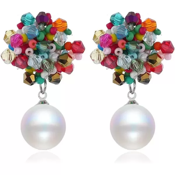 imageBoho Beaded Pearl Dangle Drop Earrings for Women Piercing Ear Bohemian Big Round Ball Bead Stud Post Handmade Cluster Fashion Earring Jewelry 5 Colors Rainbow