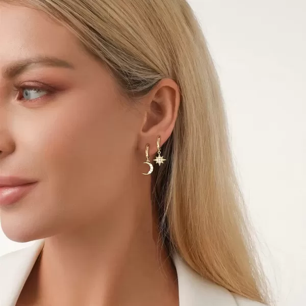 imageCrystal Moon Star Dangle Hoop Earrings for Women S925 Sterling Silver with Charms Asymmetrical CZ Diamond Drop Cartilage Cute Jewelry Delicate Fashion Birthday Best Friend GoldTone