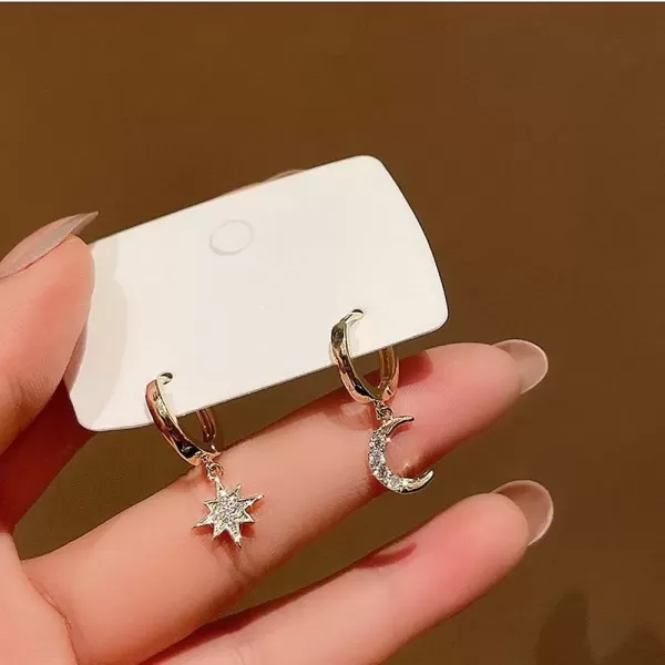 imageCrystal Moon Star Dangle Hoop Earrings for Women S925 Sterling Silver with Charms Asymmetrical CZ Diamond Drop Cartilage Cute Jewelry Delicate Fashion Birthday Best Friend GoldTone