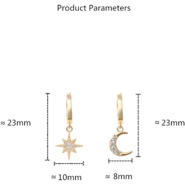imageCrystal Moon Star Dangle Hoop Earrings for Women S925 Sterling Silver with Charms Asymmetrical CZ Diamond Drop Cartilage Cute Jewelry Delicate Fashion Birthday Best Friend GoldTone
