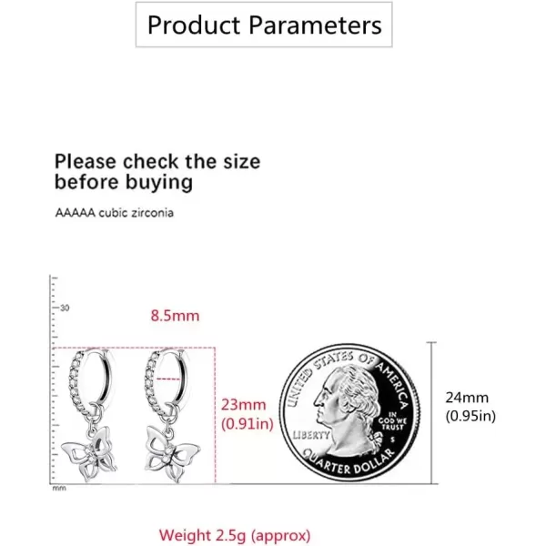 imageCute CZ Butterfly Dangle Hoop Earrings for Women S925 Sterling Silver with Charms Huggie Hoops Crystal Drop Cartilage Filigree Jewelry Delicate Fashion Dainty for Dauther
