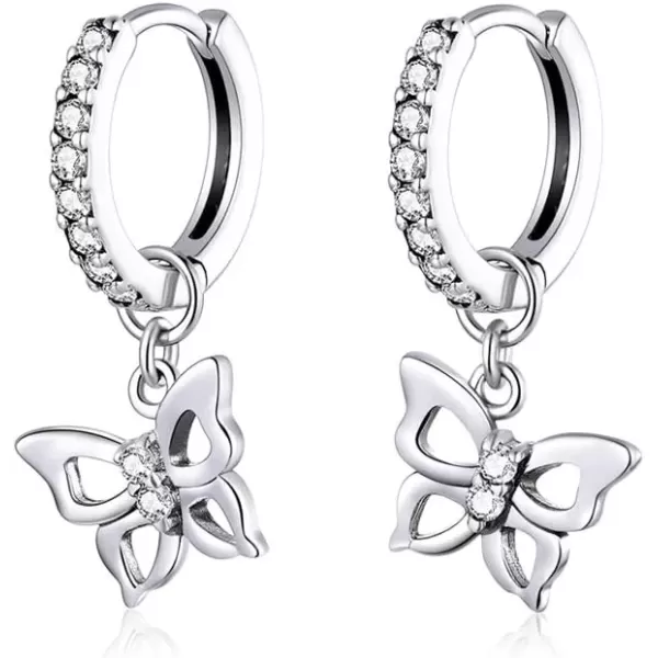 imageCute CZ Butterfly Dangle Hoop Earrings for Women S925 Sterling Silver with Charms Huggie Hoops Crystal Drop Cartilage Filigree Jewelry Delicate Fashion Dainty for Dauther