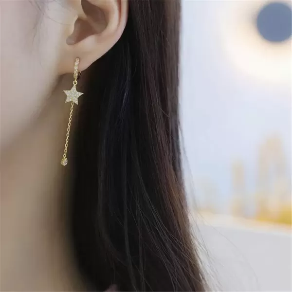 imageHuggie Crystal Star Chain Dangle Hoop Earrings for Women S925 Sterling Silver with Charms Asymmetrical Pave CZ Tassel Drop Cartilage Clip Dainty Jewelry Christmas Gifts for Mom Sis Gold Plated
